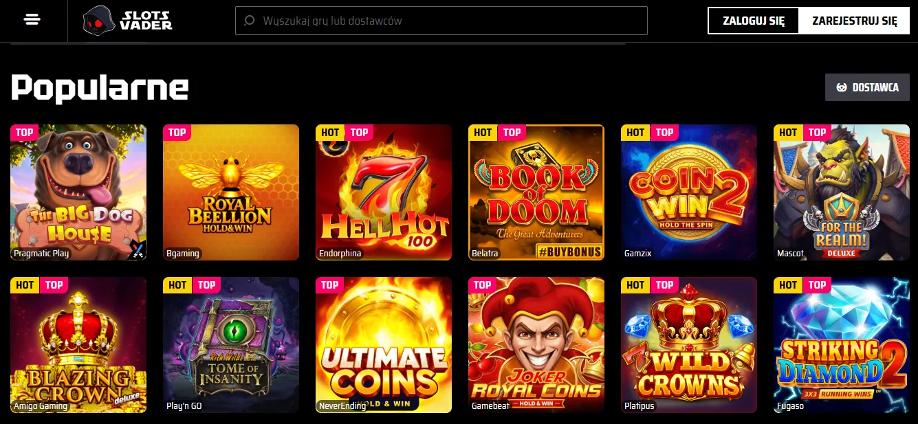Biblioteka gier SlotsVader Casino i najpopularniejsze kategorie