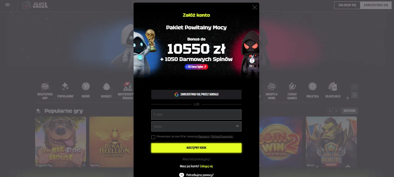 SlotsVader Casino – rejestracja i pierwsze logowanie